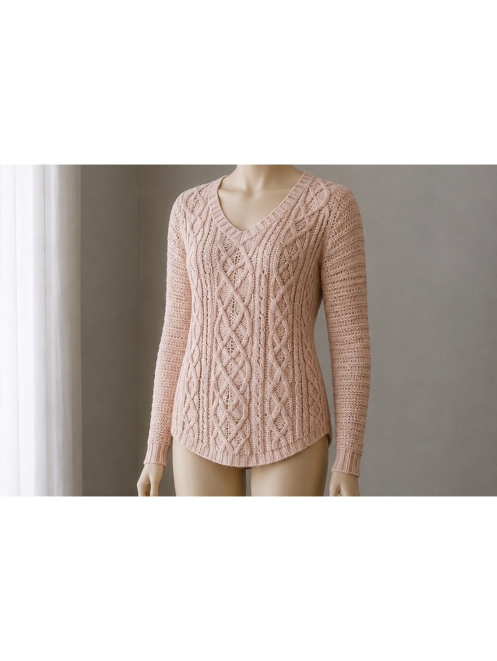 Sonoma Women’s Large Blush Pink Cable Knit V-Neck Sweater Cotton Blend